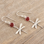 Garnet dangle earrings, 'Dragonfly Fantasy in Red' - Garnet and Sterling Silver Dangle Earrings of Dragonflies