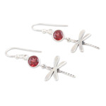 Garnet dangle earrings, 'Dragonfly Fantasy in Red' - Garnet and Sterling Silver Dangle Earrings of Dragonflies