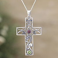 Garnet and peridot pendant necklace, 'Hope Cross' - Sterling Silver Cross Pendant Necklace with Garnet & Peridot