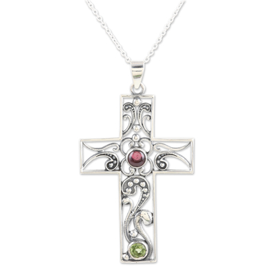 Garnet and peridot pendant necklace, 'Hope Cross' - Sterling Silver Cross Pendant Necklace with Garnet & Peridot