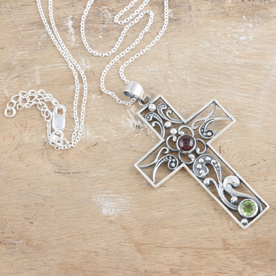 Halskette mit Granat- und Peridot-Anhänger - Halskette mit Kreuzanhänger aus Sterlingsilber mit Granat und Peridot