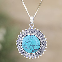 Reconstituted turquoise pendant necklace, 'Glam and Chic' - Reconstituted Turquoise and Sterling Silver Pendant Necklace