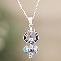 Reconstituted turquoise pendant necklace, 'Shiva’s Trishul' - Reconstituted Turquoise Pendant Necklace of Shiva’s Trishul