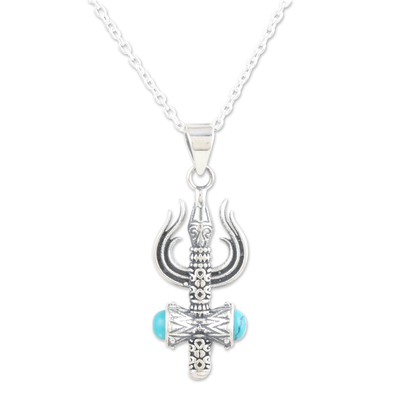 Reconstituted turquoise pendant necklace, 'Shiva’s Trishul' - Reconstituted Turquoise Pendant Necklace of Shiva’s Trishul