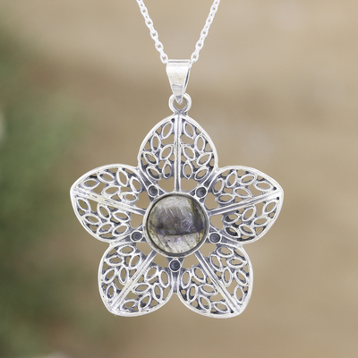 Labradorite pendant necklace, 'Floral Attraction' - Sterling Silver Flower Pendant Necklace with Labradorite