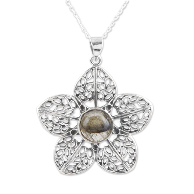 Labradorite pendant necklace, 'Floral Attraction' - Sterling Silver Flower Pendant Necklace with Labradorite
