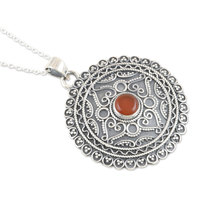 Onyx pendant necklace, 'Love in Orange' - Sterling Silver Pendant Necklace with Orange Onyx Stone