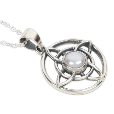Cultured pearl pendant necklace, 'Pure Elegance' - Cultured Pearl Sterling Silver Celtic Star Pendant Necklace