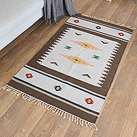 Wool area rug, 'Geometric Ceremony' (3x5) - Handloomed Brown Wool Area Rug with Geometric Pattern (3x5)