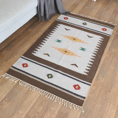 Wollteppich, (3x5) - Handgewebter Teppich aus brauner Wolle mit geometrischem Muster (3x5)
