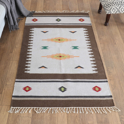 Wool area rug, 'Geometric Ceremony' (3x5) - Handloomed Brown Wool Area Rug with Geometric Pattern (3x5)
