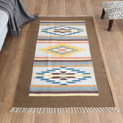 Wollteppich, (3x5) - Handgewebter Teppich aus brauner Wolle mit geometrischen Motiven (3x5)
