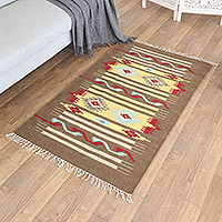 Wool area rug, 'Sinuous Brown' (3x5) - Handloomed Brown Wool Area Rug with Geometric Design (3x5)