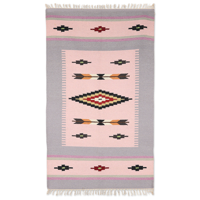 Handloomed Pink Wool Area Rug with Geometric Motifs (3x5)