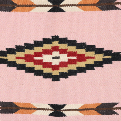 Alfombra de lana, (3x5) - Alfombra de lana rosa tejida a mano con motivos geométricos (3x5)