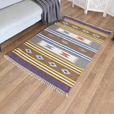 Wool area rug, 'Lively Purple' (4x6) - Handloomed Purple Wool Area Rug with Striped Pattern (4x6)