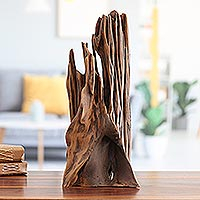 Reclaimed wood sculpture, 'Wise Formations' - Hand-Carved Sculpture Crafted in India from Sal Wood