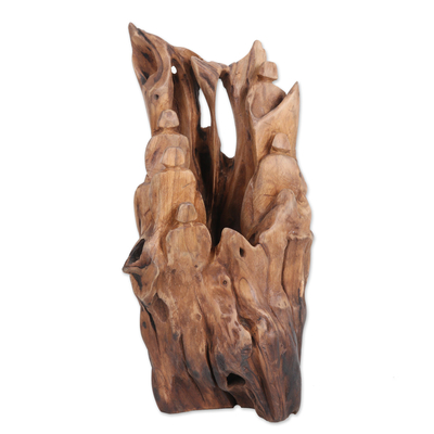 Reclaimed wood sculpture, 'Mystic Silhouettes' - Hand-Carved Eco-Friendly Teak Wood Sculpture from India