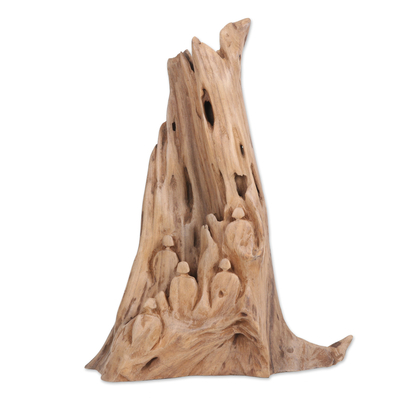 Reclaimed wood sculpture, 'Mountain Prayers I' - Hand-Carved Reclaimed Teak Wood Sculpture from India