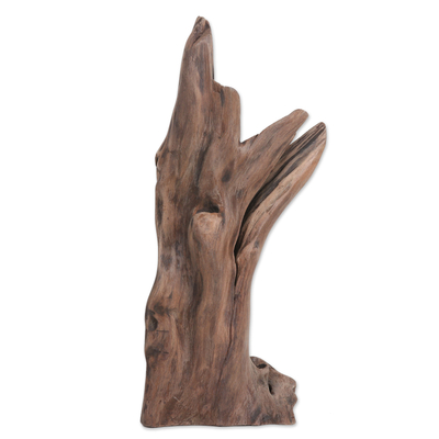 Escultura de madera recuperada - Escultura de madera de teca recuperada tallada a mano en tono marrón
