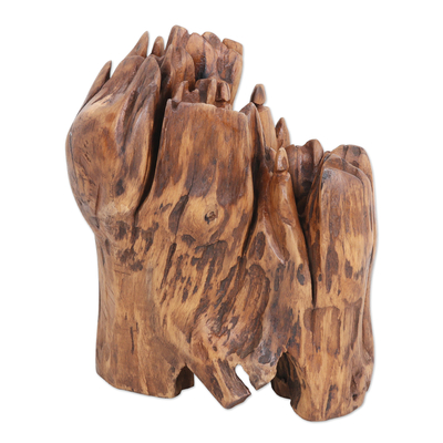 Reclaimed wood sculpture, 'Reverence to Nature' - Handcrafted Eco-Friendly Haldu Wood Sculpture from India
