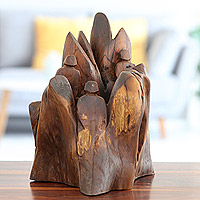 Escultura de madera recuperada - Escultura de madera Jamun recuperada hecha a mano en marrón natural