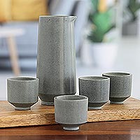 Soapstone sake decanter and cups, 'Tokyo Toast' (set of 5) - 5-Piece Sake Set of Decanter and Cups in Grey From India