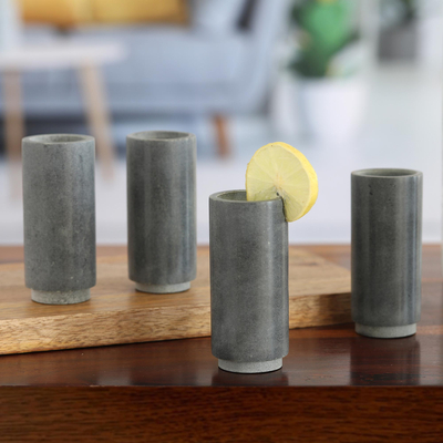 Soapstone shot glasses, 'Make a Toast' (set of 4) - Set of 4 Modern Shot Glasses in Grey Handcrafted in India