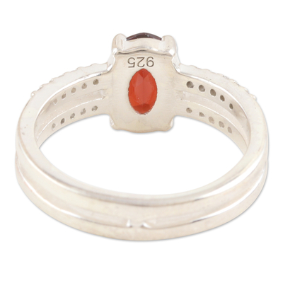 Cubic zirconia and garnet solitaire ring, 'Passion Catwalk' - Cubic Zirconia Solitaire Ring with Faceted Garnet Stone