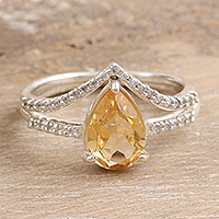 Cubic zirconia and citrine stacking rings, 'Success Diadem' (set of 2) - One-Carat Faceted Citrine Stacking Rings (Set of 2)