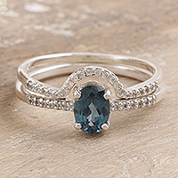 Cubic zirconia and London blue topaz stacking rings, 'Loyalty Diadem' (set of 2) - One-Carat London Blue Topaz Stacking Rings (Set of 2)