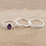 Cubic zirconia and amethyst stacking rings, 'Wisdom Crown' (set of 3) - Stacking Rings with Cubic Zirconia and Amethyst (Set of 3)