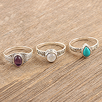 Gemstone cocktail rings, 'Triple Harmony' (set of 3) - Set of 3 Sterling Silver Cocktail Rings with Cabochons