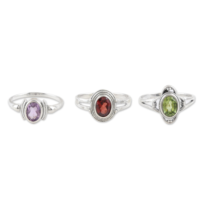 Gemstone cocktail rings, 'Stunning Trio' (set of 3) - Sterling Silver Cocktail Rings with Gemstones (Set of 3)