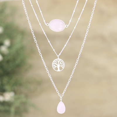 Rose quartz strand pendant necklace, 'Unconditional Nature' - Sterling Silver 3-Strand Pendant Necklace with Rose Quartz