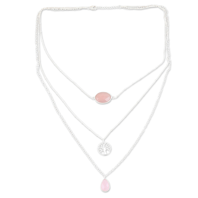 Rose quartz strand pendant necklace, 'Unconditional Nature' - Sterling Silver 3-Strand Pendant Necklace with Rose Quartz