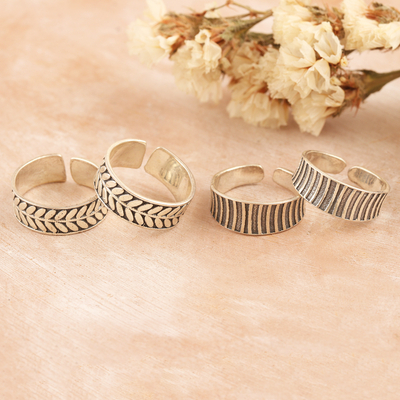 Sterling silver toe rings, 'Leaves and Stripes' (2 pairs) - Leafy and Striped Sterling Silver Toe Rings (2 Pairs)
