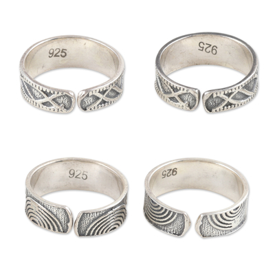 Sterling silver toe rings, 'Waves and Loops' (2 pairs) - Sterling Silver Toe Rings with Two Patterns (2 Pairs)