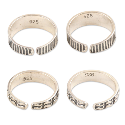 Sterling silver toe rings, 'Spirals and Lines' (2 pairs) - Sterling Silver Toe Rings in a Combination Finish (2 Pairs)