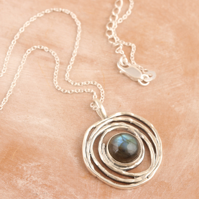 Labradorite pendant necklace, 'Modern Shield' - Sterling Silver Pendant Necklace with Natural Labradorite