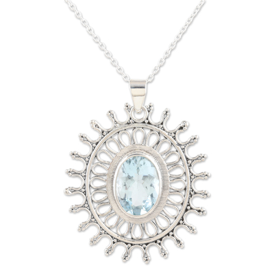 Blue topaz pendant necklace, 'Iridescent Sun' - 6-Carat Blue Topaz Pendant Necklace from India