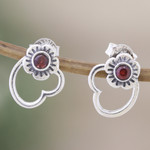 Garnet drop earrings, 'Passion Petals' - Flower and Heart Drop Earrings with Natural Garnet Gems