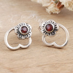 Garnet drop earrings, 'Passion Petals' - Flower and Heart Drop Earrings with Natural Garnet Gems