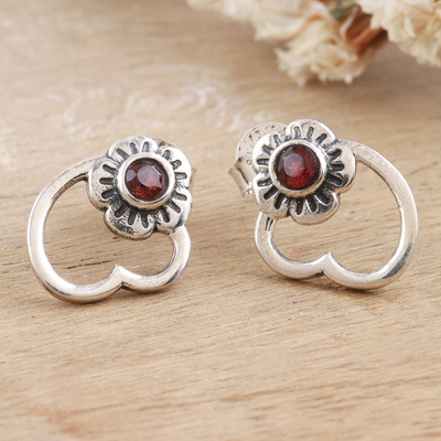 Garnet drop earrings, 'Passion Petals' - Flower and Heart Drop Earrings with Natural Garnet Gems