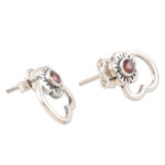 Garnet drop earrings, 'Passion Petals' - Flower and Heart Drop Earrings with Natural Garnet Gems