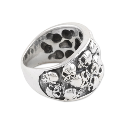 Men's sterling silver domed ring, 'Underworld Treasure' - Men's Sterling Silver Skull Domed Ring from India