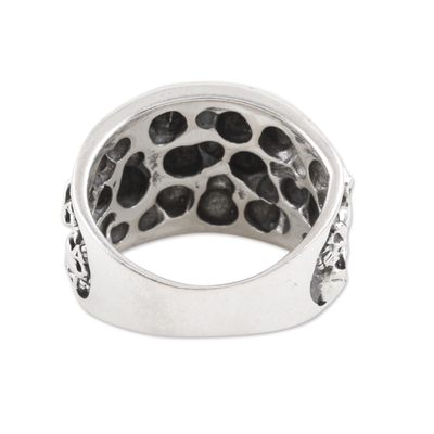 Men's sterling silver domed ring, 'Underworld Treasure' - Men's Sterling Silver Skull Domed Ring from India