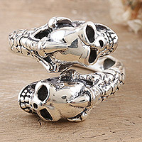 Men's sterling silver wrap ring, 'Fierce Souls' - Sterling Silver Wrap Ring with Skull Motifs