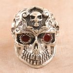 Garnet cocktail ring, 'Passionate Specter' - Sterling Silver Skull Cocktail Ring with Garnet Stones