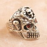 Garnet cocktail ring, 'Passionate Specter' - Sterling Silver Skull Cocktail Ring with Garnet Stones